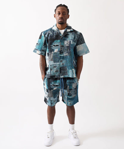 Reason Clothing Signature Mosaic Tapestry Button Down Short Sleeve Knit Shirt - Blue