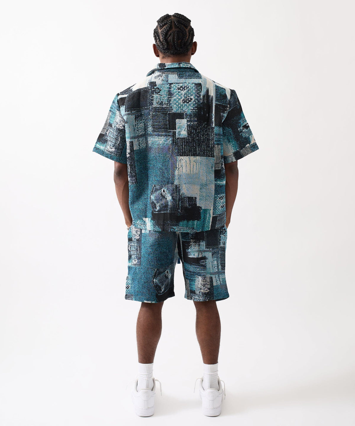 Reason Clothing Signature Mosaic Tapestry Button Down Short Sleeve Knit Shirt - Blue