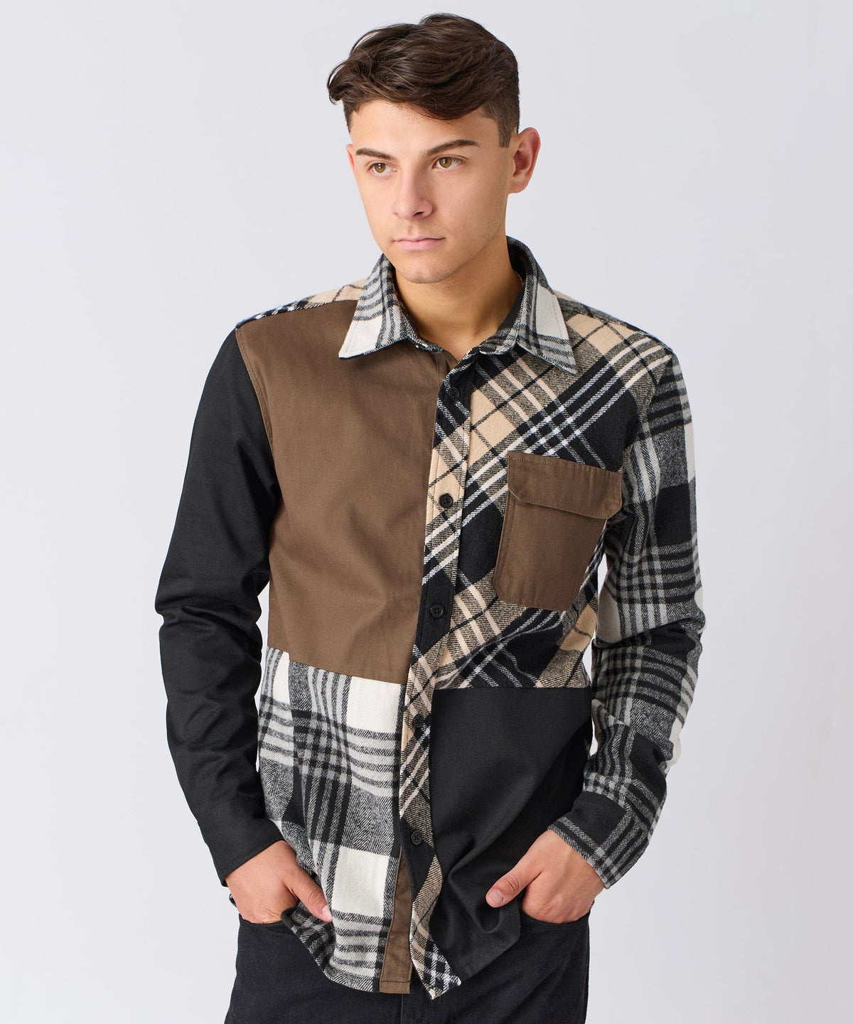 Reason Clothing Exclusive Snakes Flannel Checkered Button Down Long Sleeve Shirt - Grey