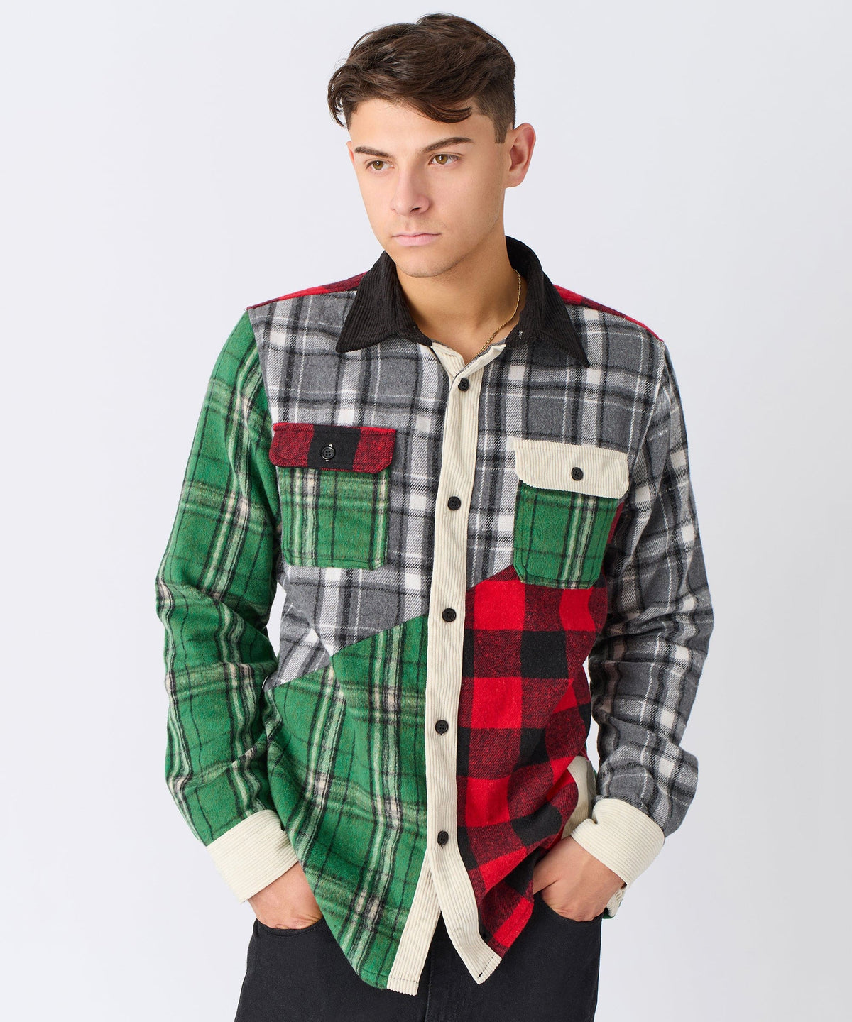 Reason Clothing Best Price Patchwork Plaid Button Down Long Sleeve Shirt - Multicolor