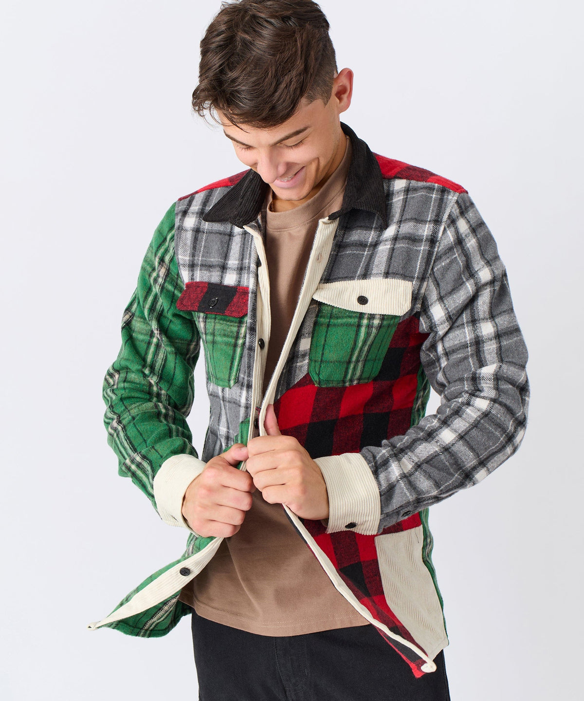 Reason Clothing Best Price Patchwork Plaid Button Down Long Sleeve Shirt - Multicolor