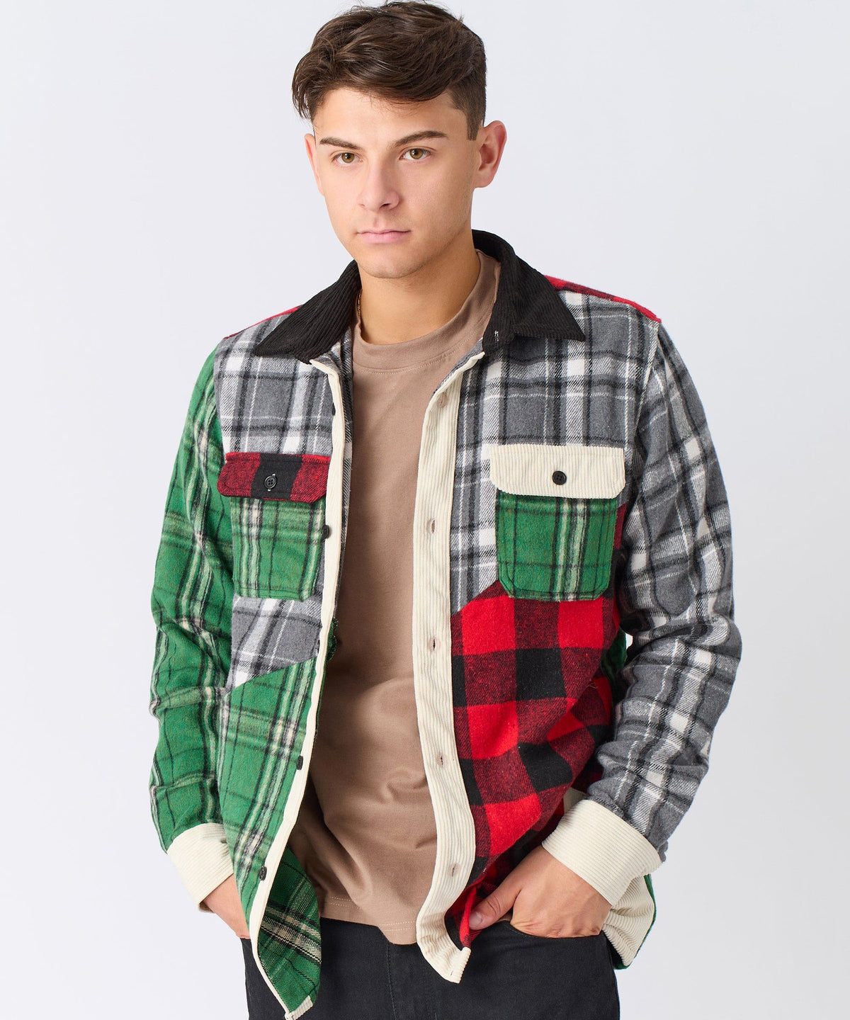 Reason Clothing Best Price Patchwork Plaid Button Down Long Sleeve Shirt - Multicolor