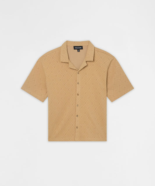 Reason Clothing Classic Diamond Pattern Textured Knit Button-Down Shirt - Taupe