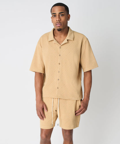 Reason Clothing Classic Diamond Pattern Textured Knit Button-Down Shirt - Taupe
