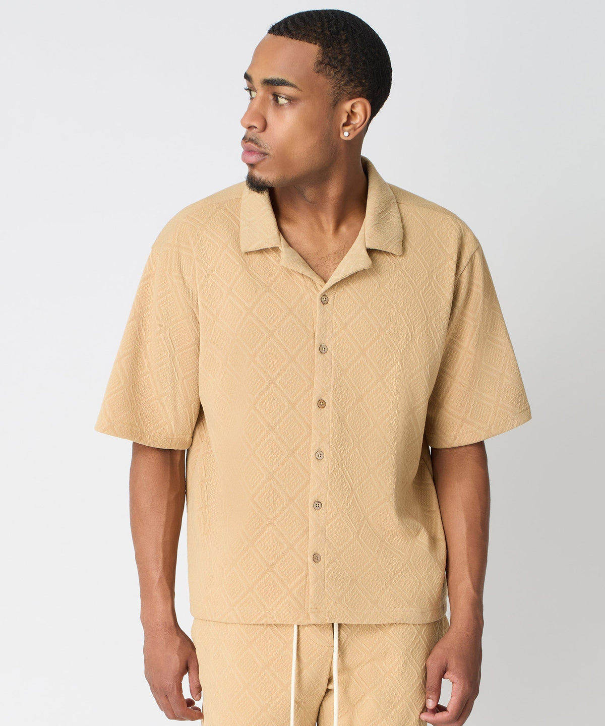 Reason Clothing Classic Diamond Pattern Textured Knit Button-Down Shirt - Taupe