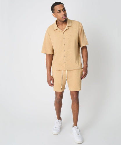 Reason Clothing Classic Diamond Pattern Textured Knit Button-Down Shirt - Taupe