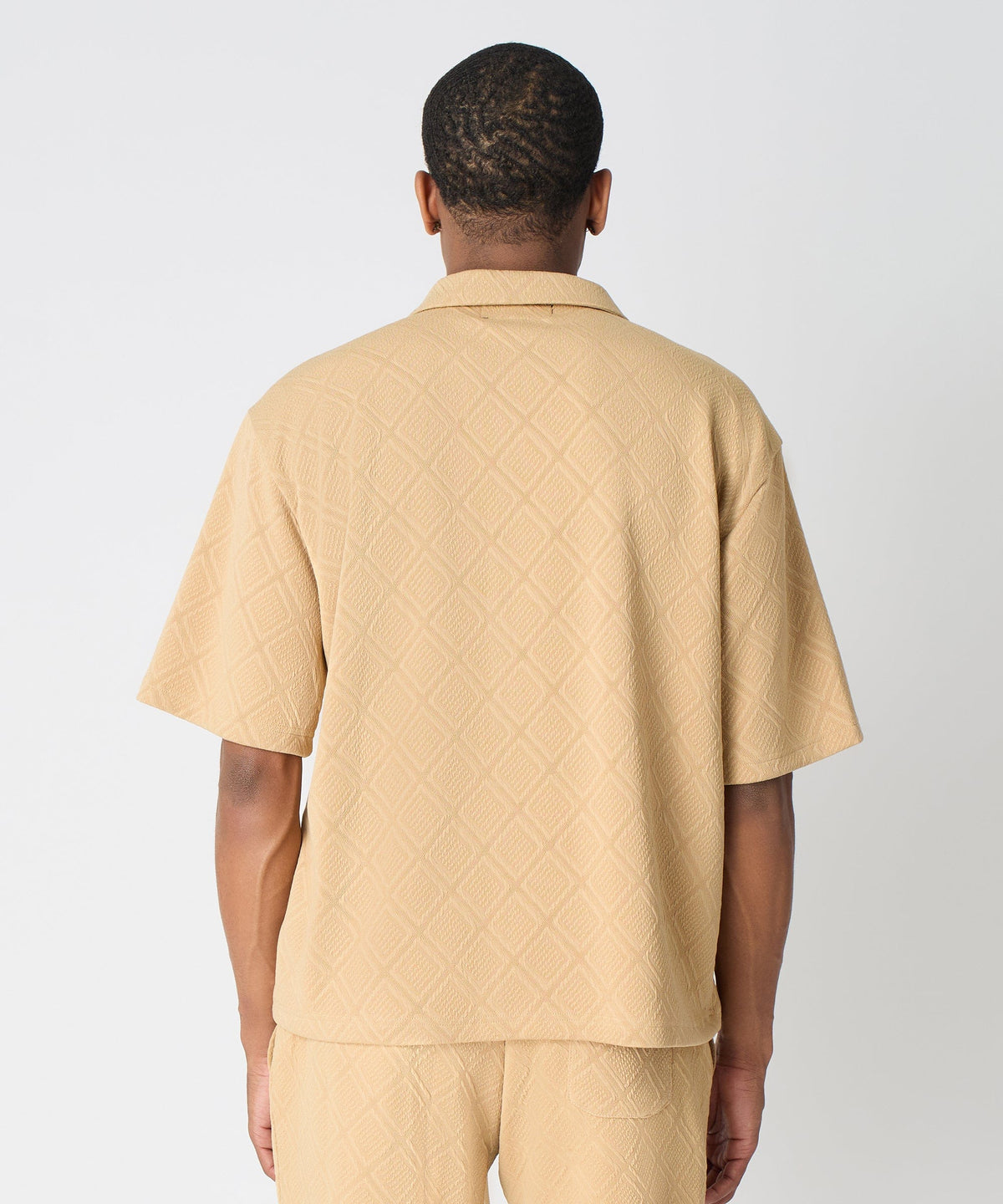 Reason Clothing Classic Diamond Pattern Textured Knit Button-Down Shirt - Taupe