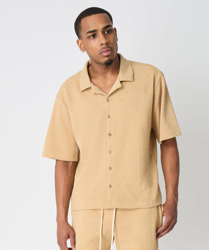 Reason Clothing Classic Diamond Pattern Textured Knit Button-Down Shirt - Taupe