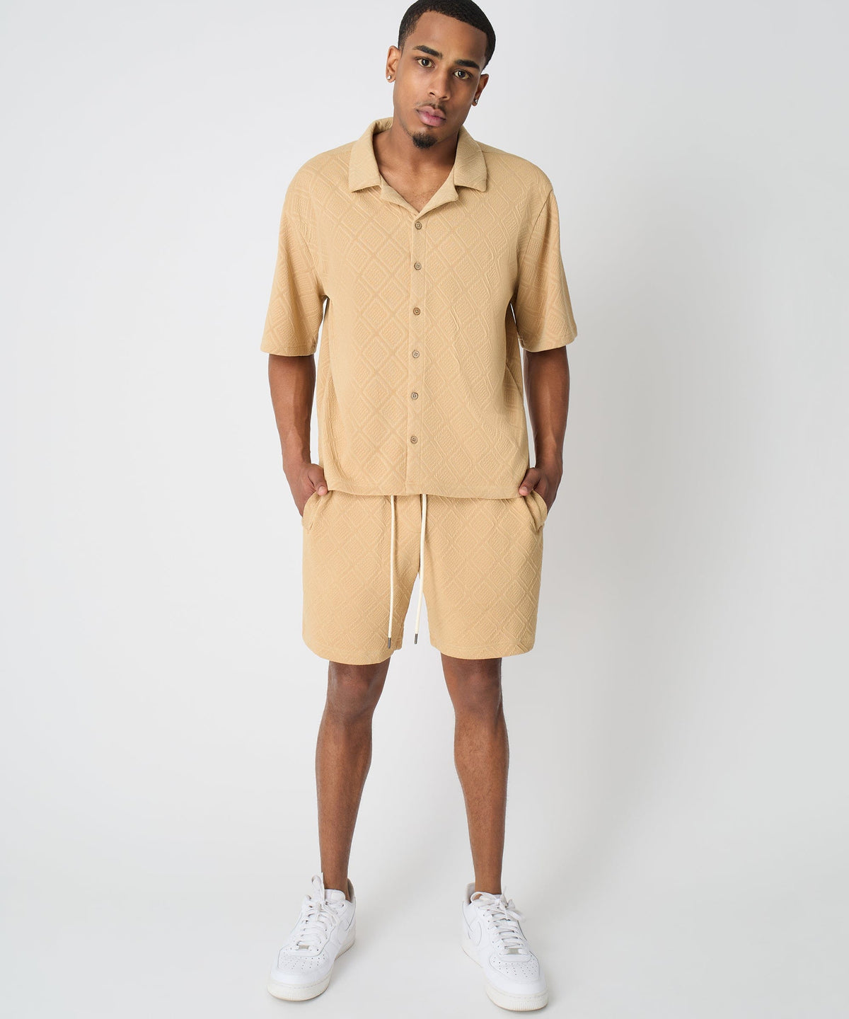 Reason Clothing Classic Diamond Pattern Textured Knit Button-Down Shirt - Taupe