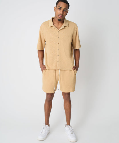 Reason Clothing Classic Diamond Pattern Textured Knit Button-Down Shirt - Taupe