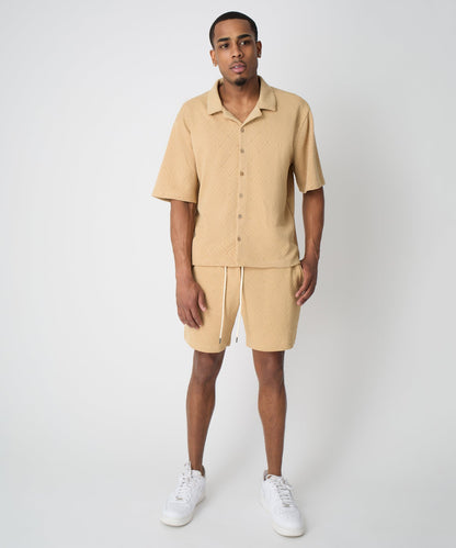 Reason Clothing Classic Diamond Pattern Textured Knit Button-Down Shirt - Taupe
