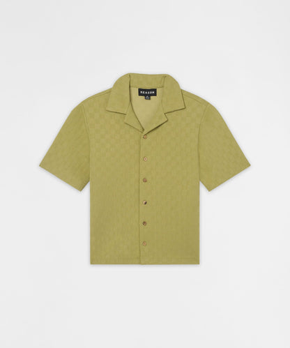 Reason Clothing Essential Jacquard Knit Short Sleeve Button-Down Shirt - Olive Green