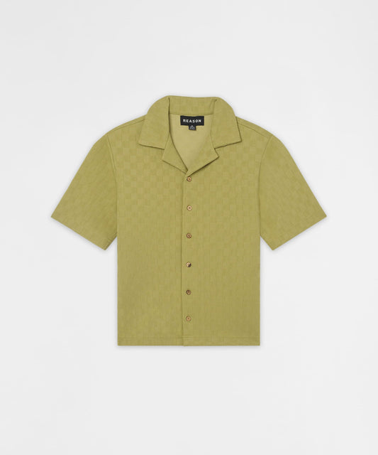 Reason Clothing Essential Jacquard Knit Short Sleeve Button-Down Shirt - Olive Green
