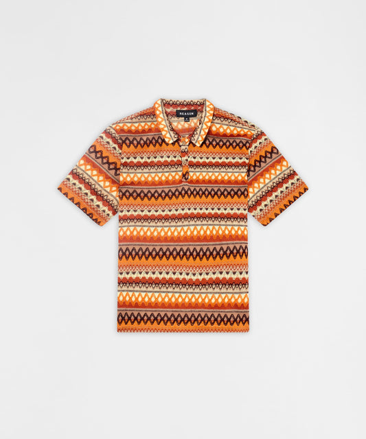 Reason Clothing Special Offer Retro Jacquard Button-Down Short Sleeve Polo Shirt - Brown