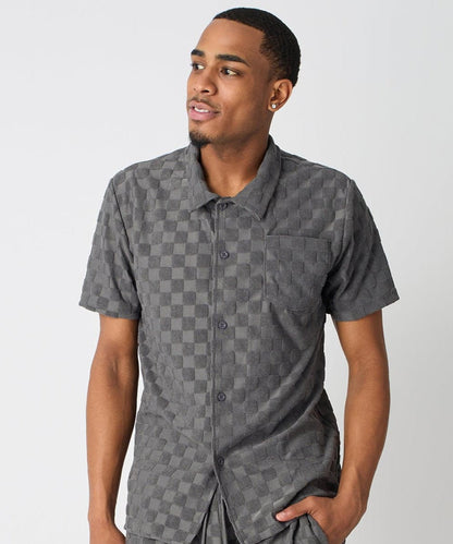 Reason Clothing Essential Checkerboard Viscose Button-Down Shirt - Grey