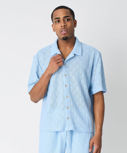Reason Clothing Exclusive Diamond Plate Viscose Short Sleeve Shirt - Light Blue