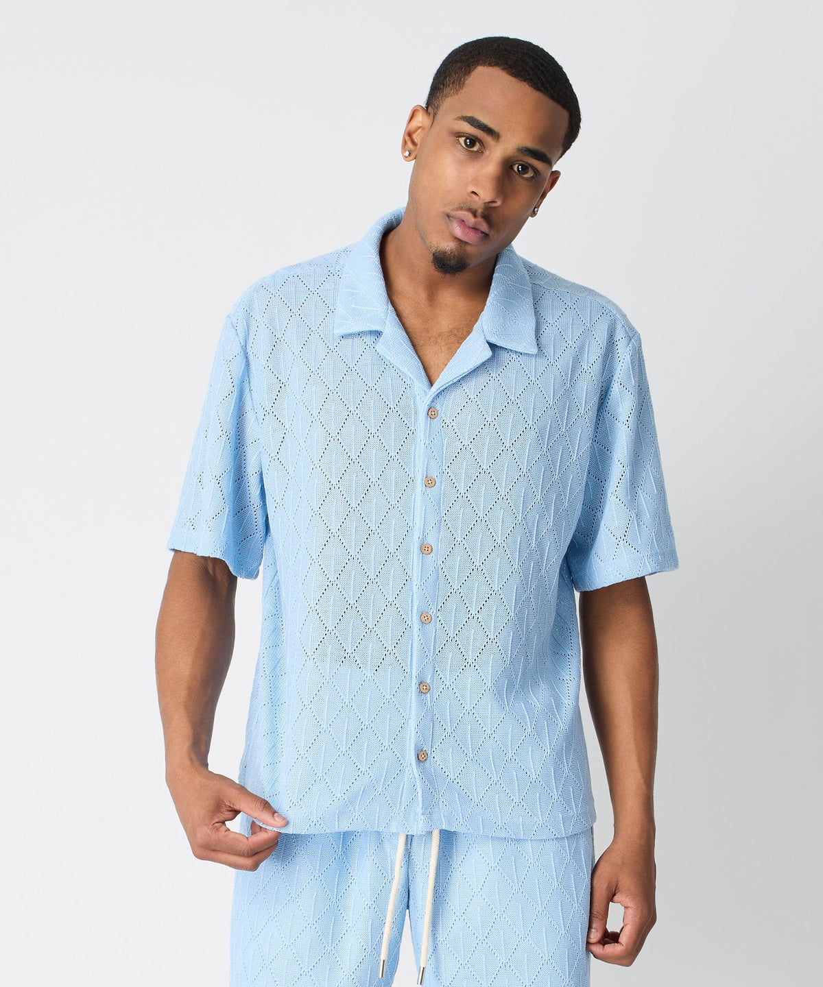 Reason Clothing Exclusive Diamond Plate Viscose Short Sleeve Shirt - Light Blue