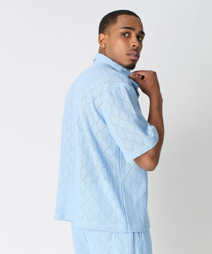 Reason Clothing Exclusive Diamond Plate Viscose Short Sleeve Shirt - Light Blue