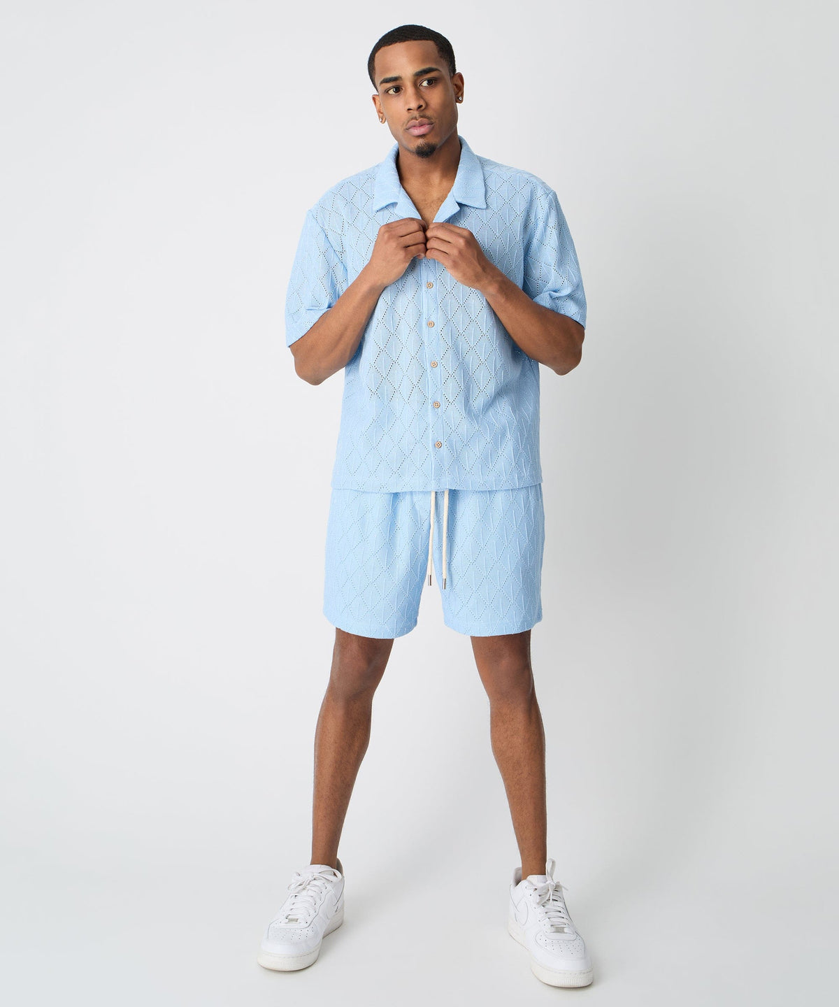 Reason Clothing Exclusive Diamond Plate Viscose Short Sleeve Shirt - Light Blue
