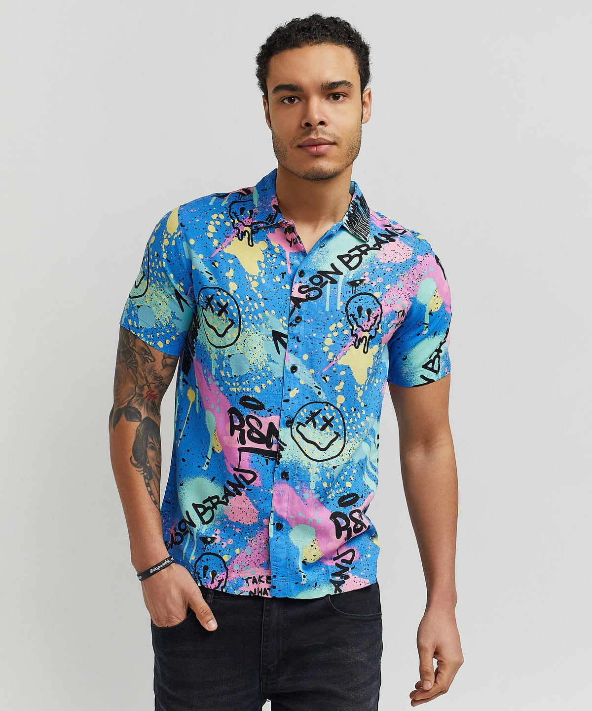 Reason Clothing Recommended Graffiti Viscose Button-Down Short Sleeve Shirt - Multicolor