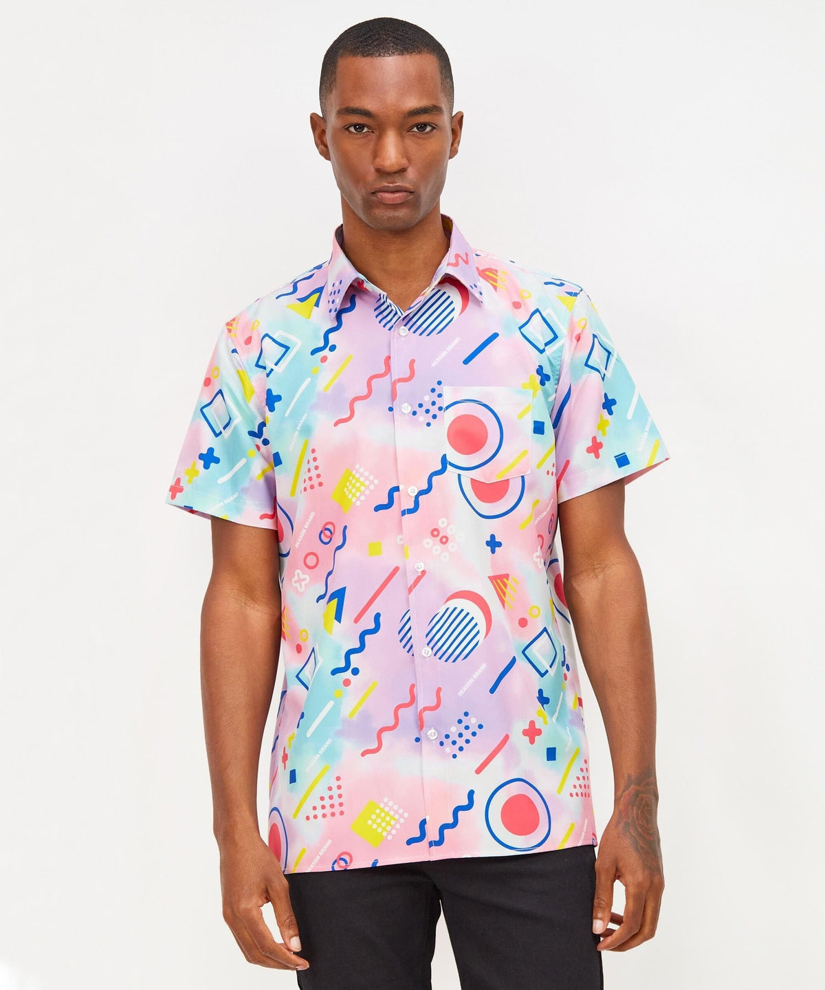 Reason Clothing Quality Retro Geometric Viscose Button-Down Short Sleeve Shirt - Multicolor