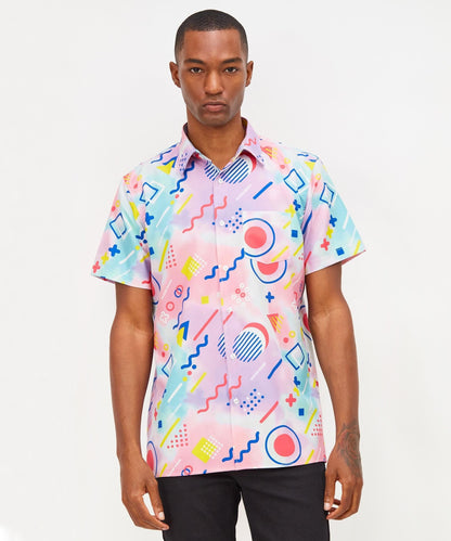Reason Clothing Quality Retro Geometric Viscose Button-Down Short Sleeve Shirt - Multicolor