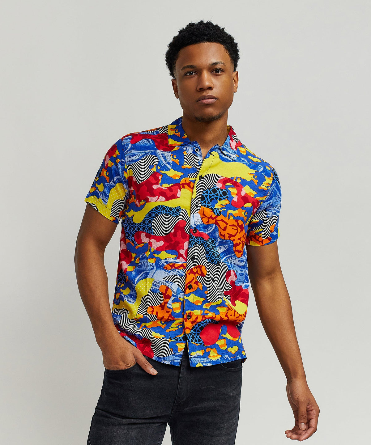 Reason Clothing Value Wavy Viscose Button-Down Short Sleeve Shirt - Multicolor