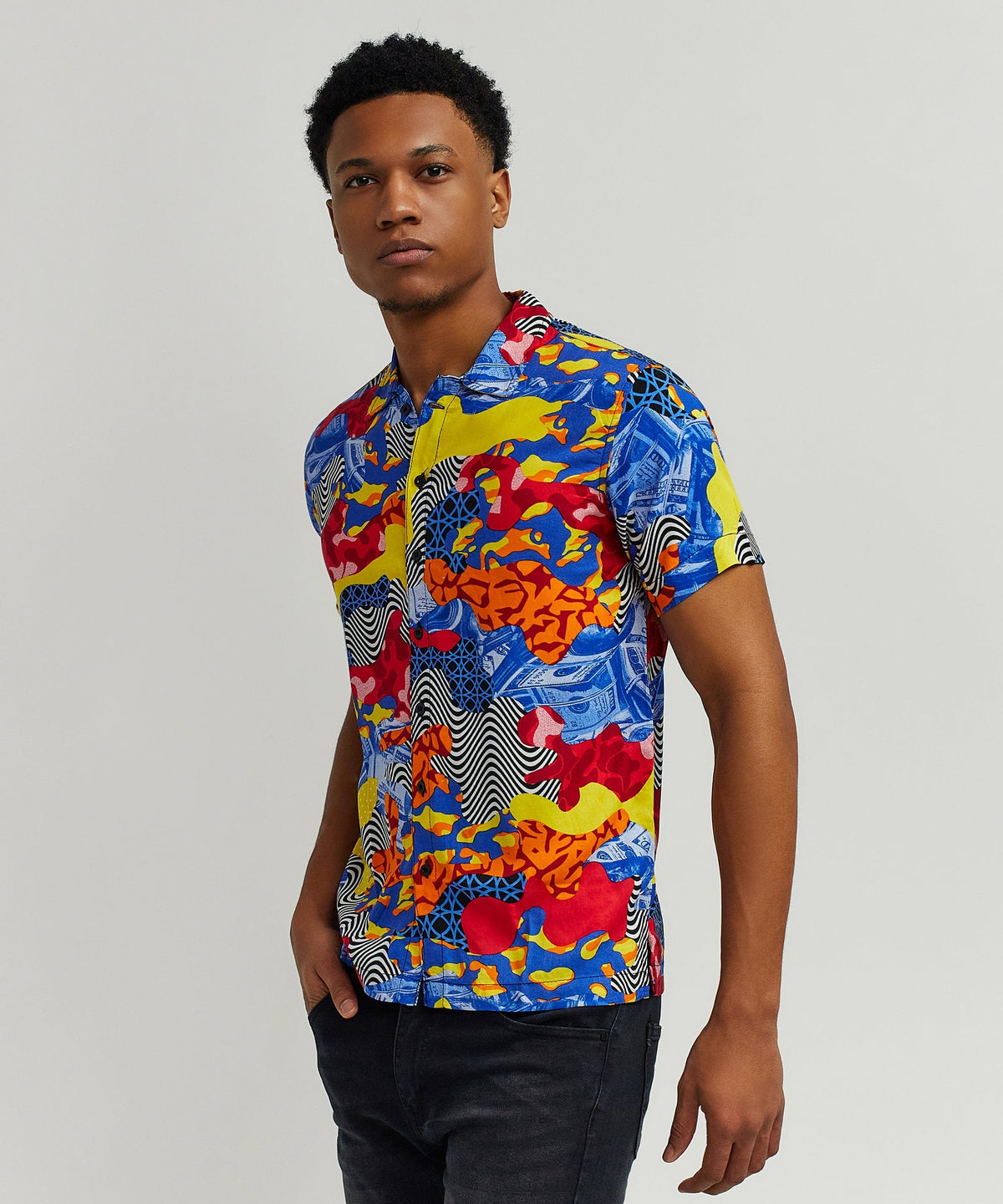 Reason Clothing Value Wavy Viscose Button-Down Short Sleeve Shirt - Multicolor