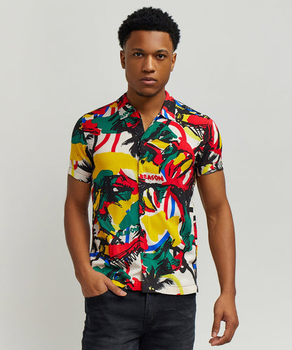 Reason Clothing Recommended Abstract Viscose Button-Down Short Sleeve Shirt - Multicolor