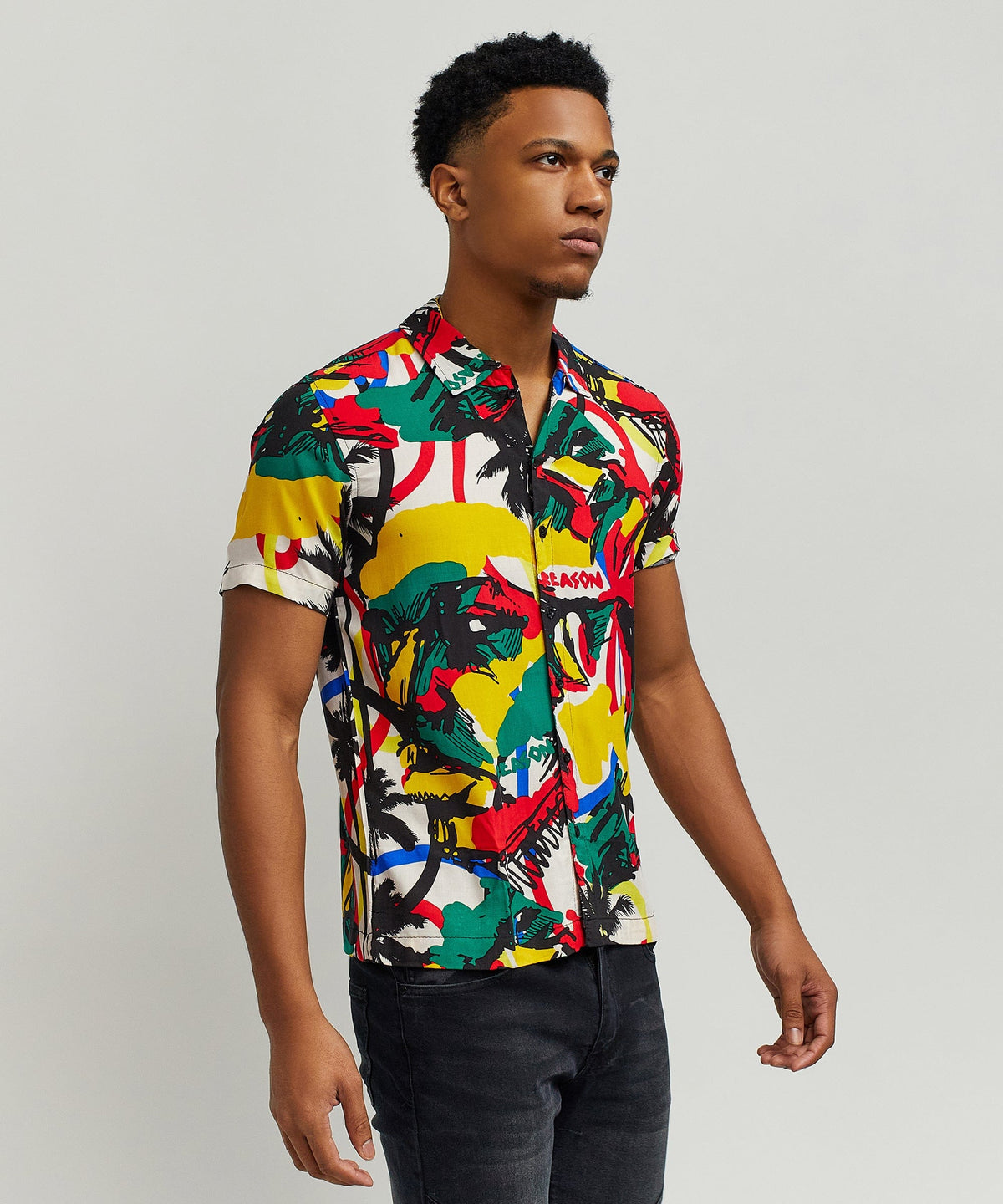 Reason Clothing Recommended Abstract Viscose Button-Down Short Sleeve Shirt - Multicolor