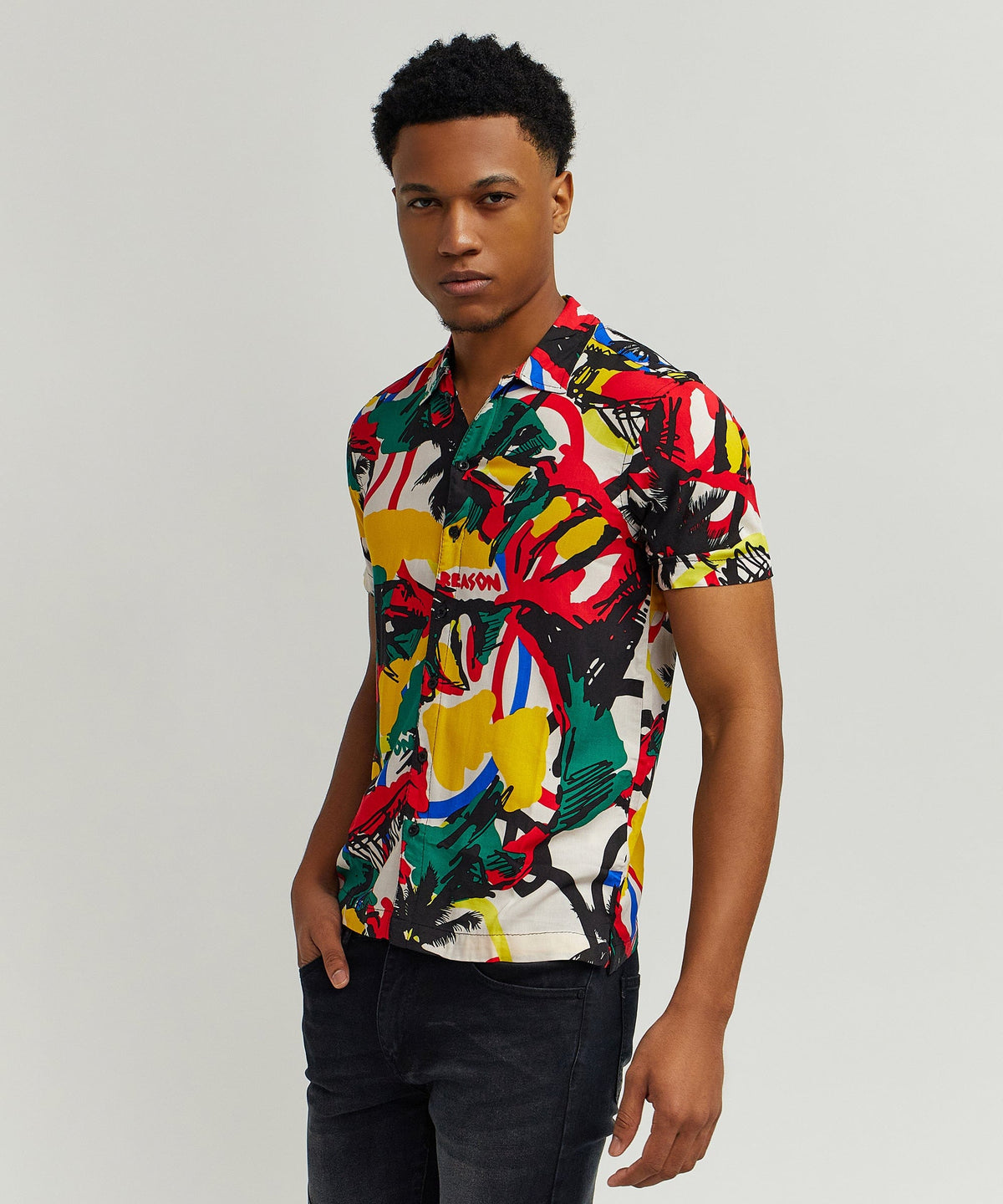 Reason Clothing Recommended Abstract Viscose Button-Down Short Sleeve Shirt - Multicolor