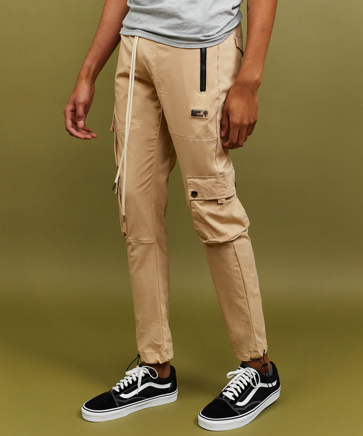 Reason Clothing Deals Cargo Stretch Nylon Utility Khaki Pants