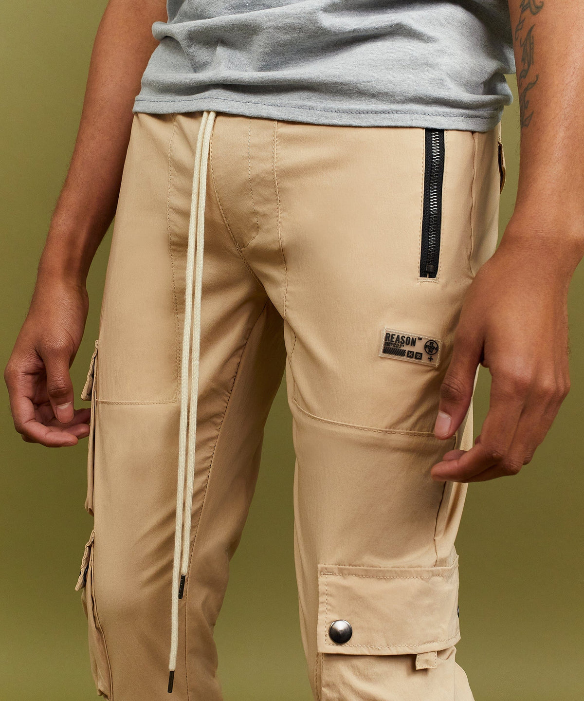 Reason Clothing Deals Cargo Stretch Nylon Utility Khaki Pants