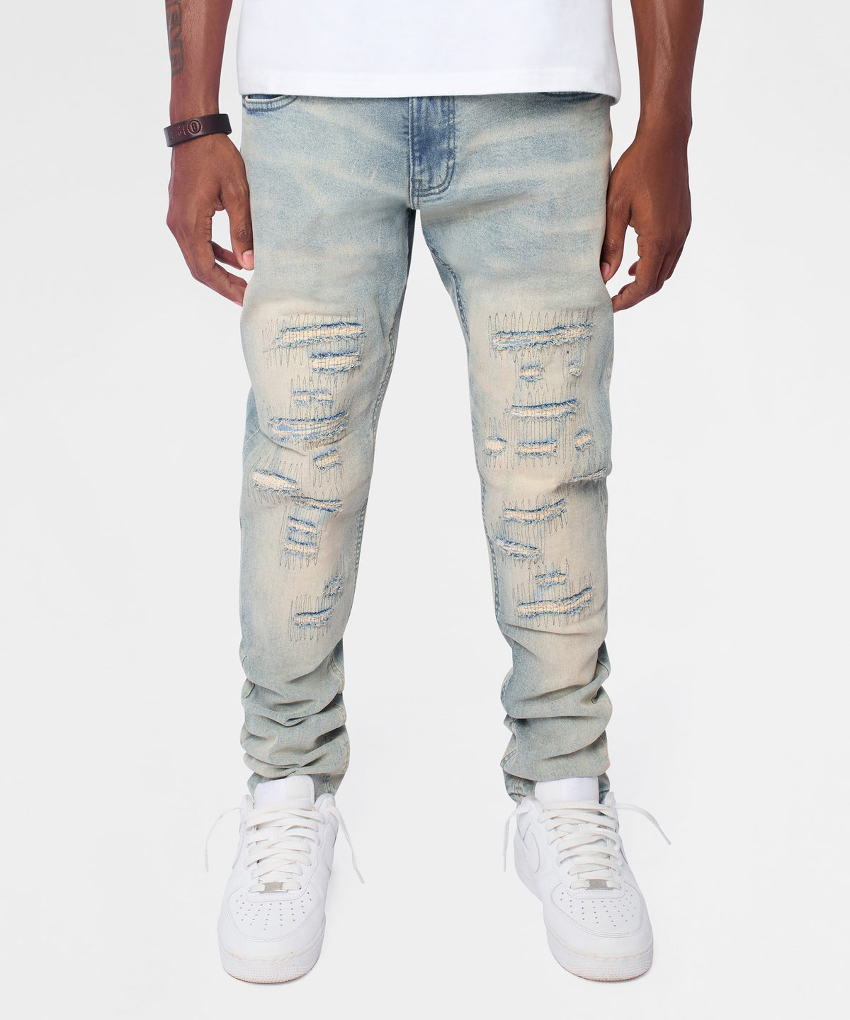 Reason Clothing Best Seller Light Wash Repaired Denim Jeans - Blue