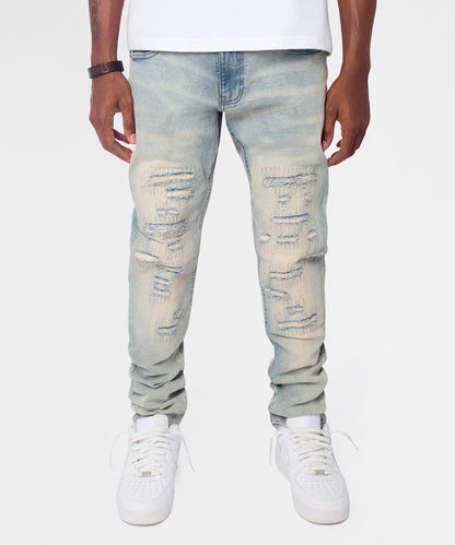 Reason Clothing Best Seller Light Wash Repaired Denim Jeans - Blue