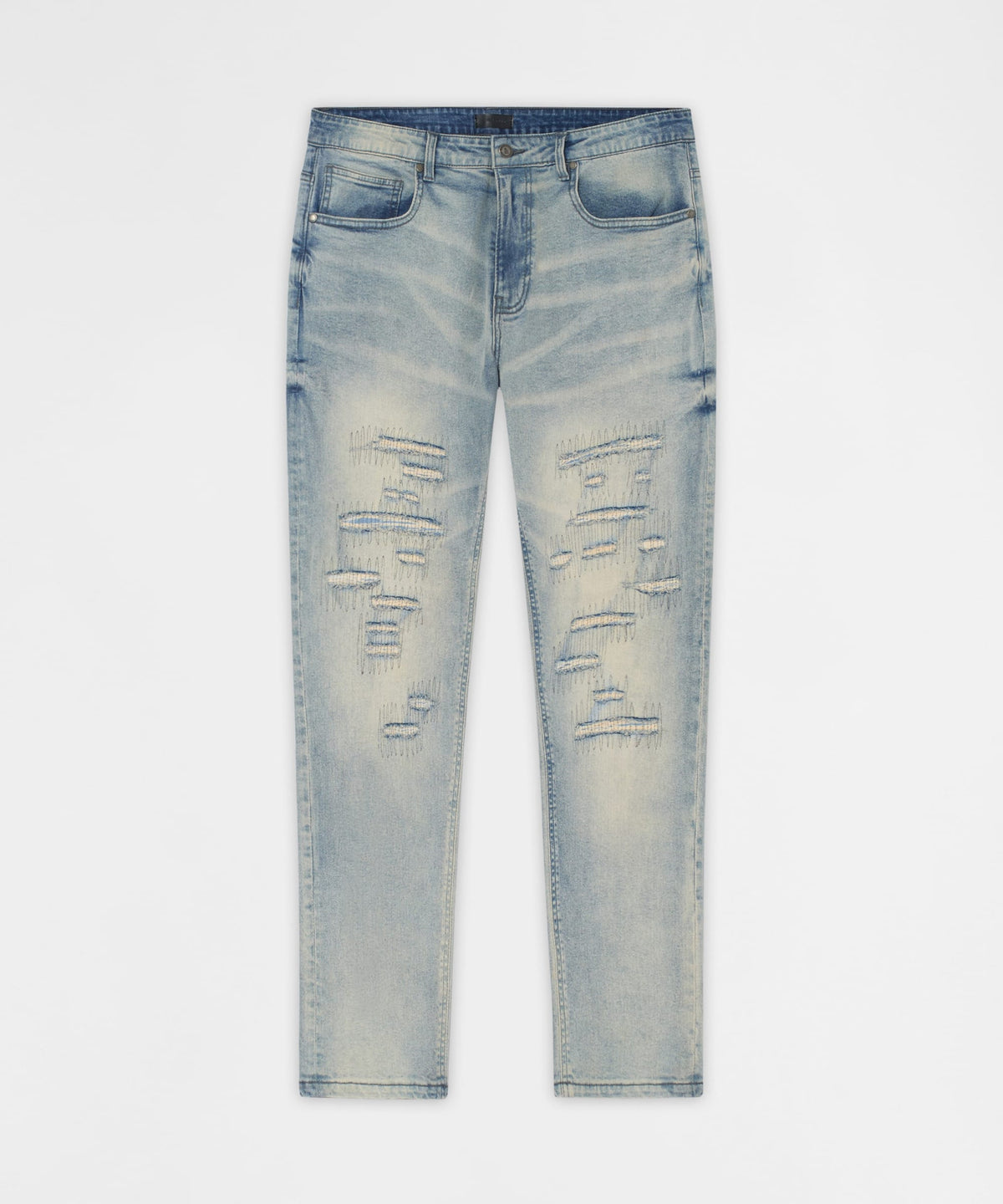 Reason Clothing Best Seller Light Wash Repaired Denim Jeans - Blue