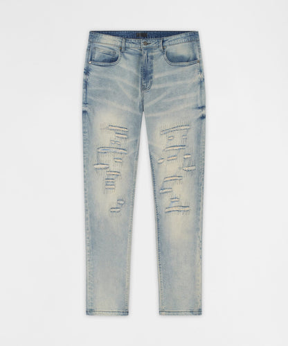 Reason Clothing Best Seller Light Wash Repaired Denim Jeans - Blue