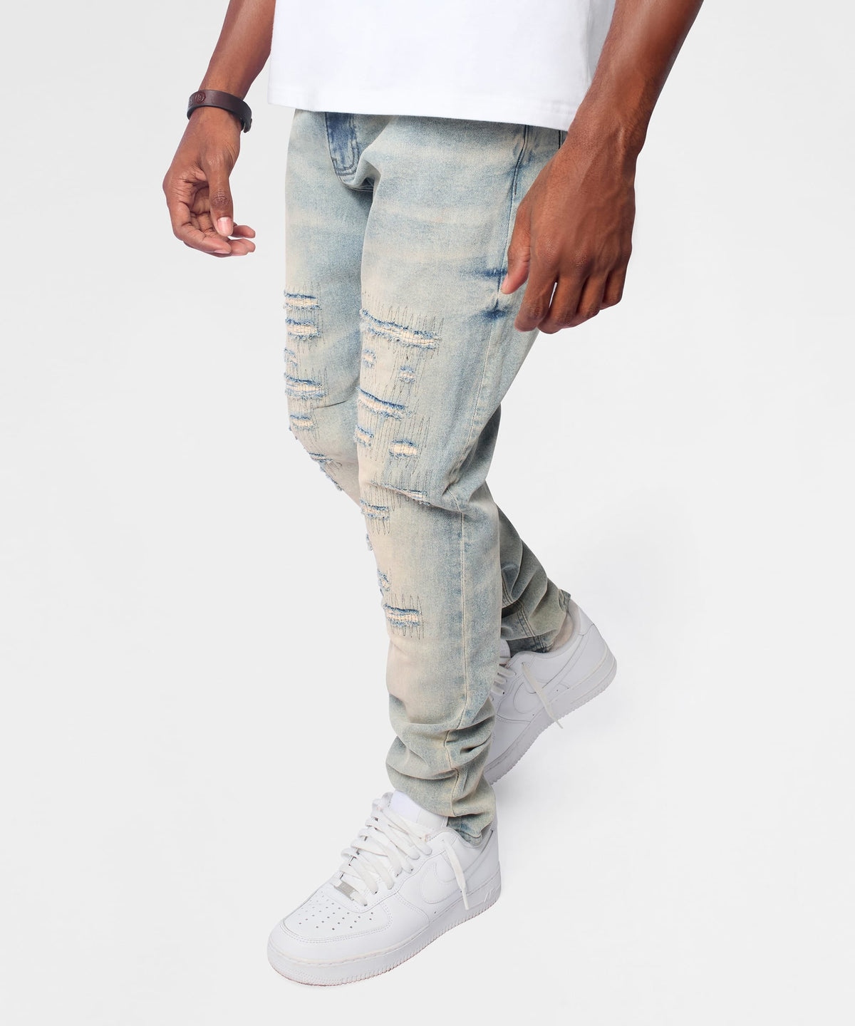 Reason Clothing Best Seller Light Wash Repaired Denim Jeans - Blue