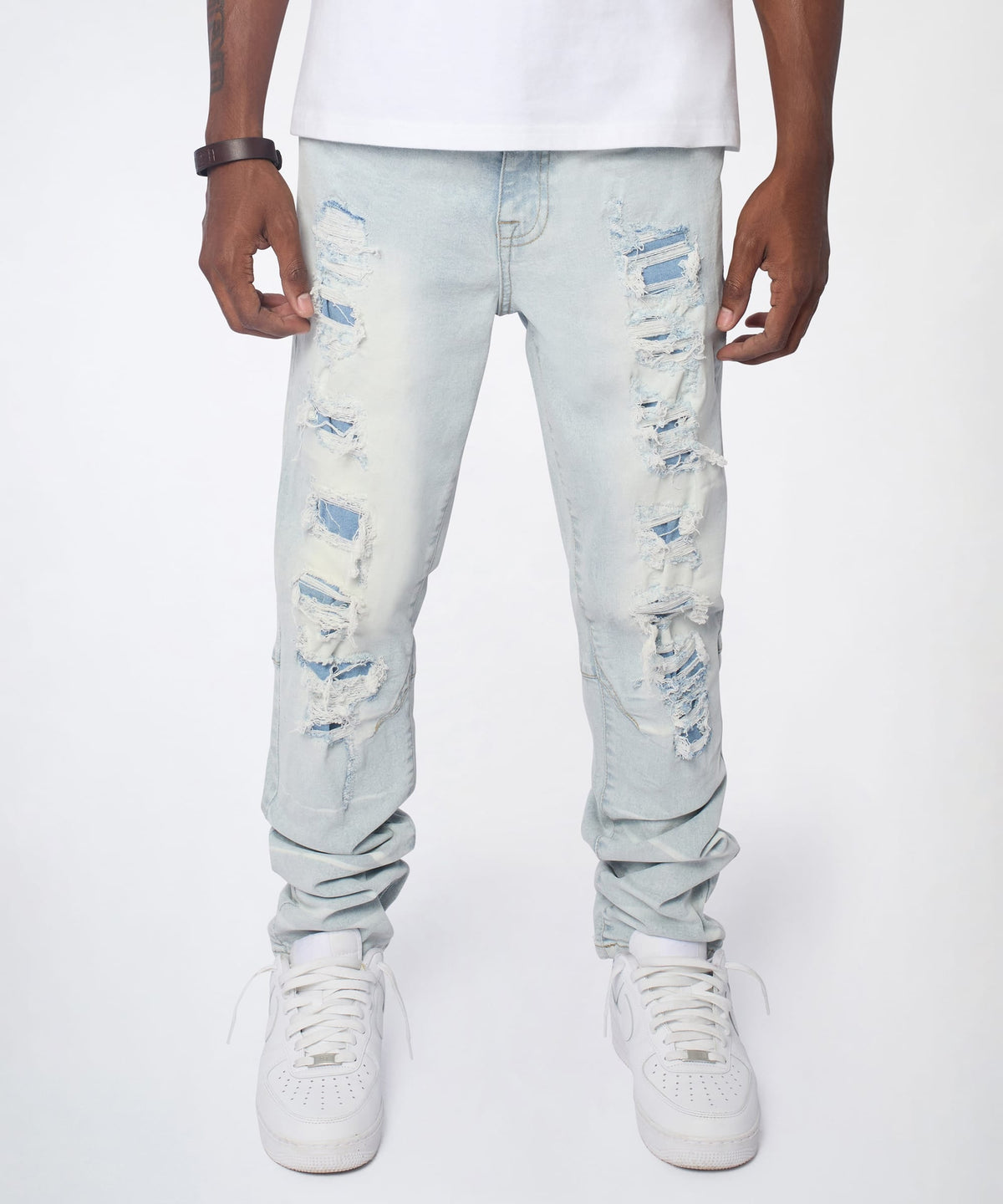Reason Clothing Essential Fracture Distressed Skinny Jeans - Light Blue