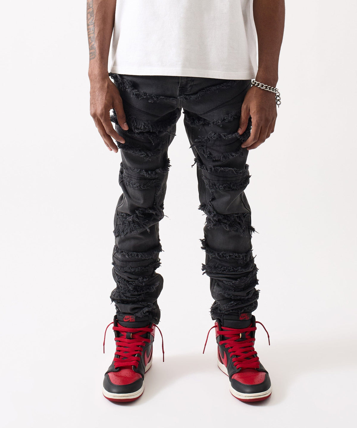 Reason Clothing Trending Heavy Distressed Frayed Skinny Jean - Black