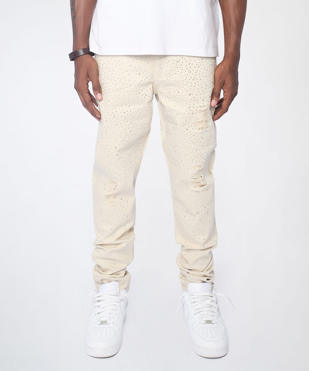 Reason Clothing Quality Diamond Dust Rhinestone Skinny Jeans - Cream