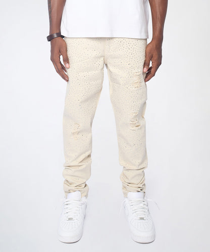 Reason Clothing Quality Diamond Dust Rhinestone Skinny Jeans - Cream