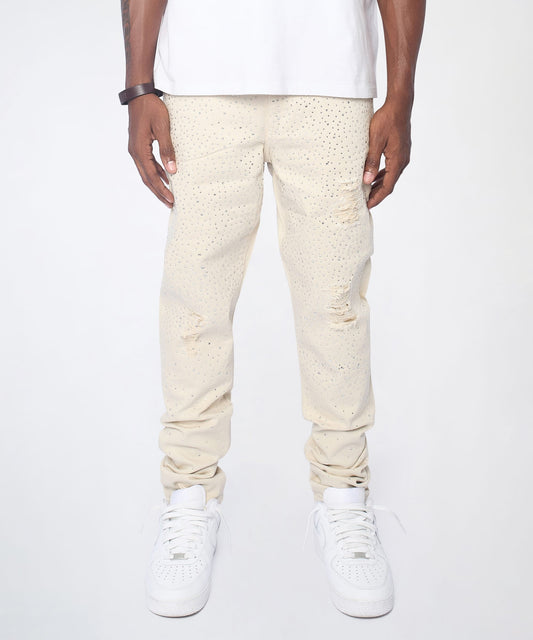 Reason Clothing Quality Diamond Dust Rhinestone Skinny Jeans - Cream