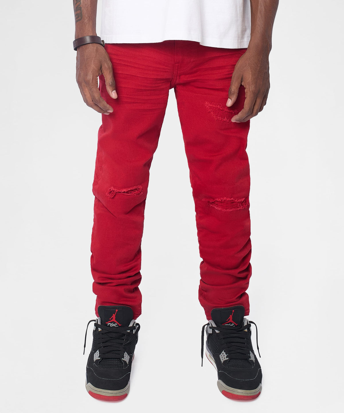 Reason Clothing Hot Sale Classic Denim Ripped Skinny Jeans - Red