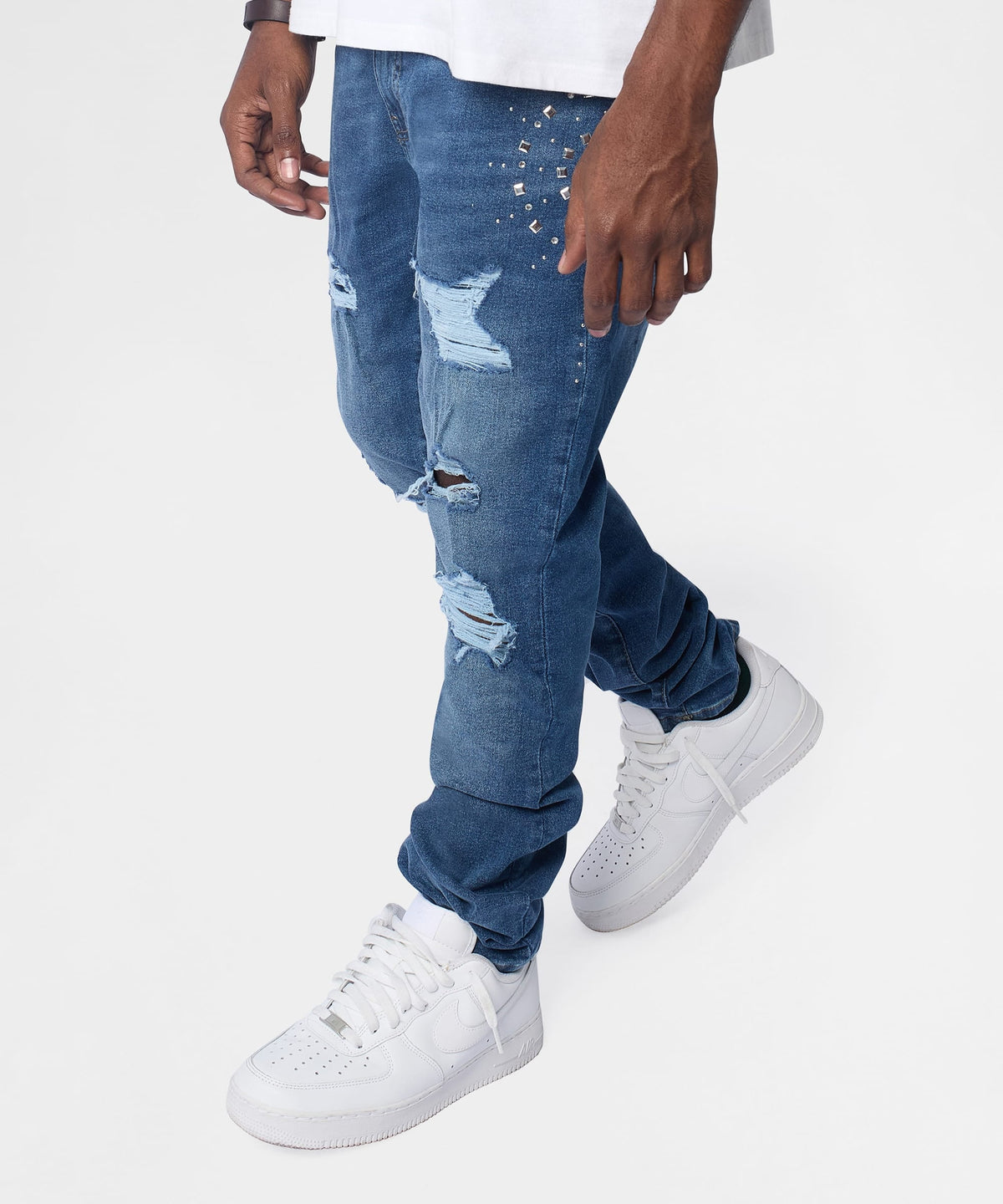 Reason Clothing Customer Favorite Starburst Studded Skinny Jeans - Blue