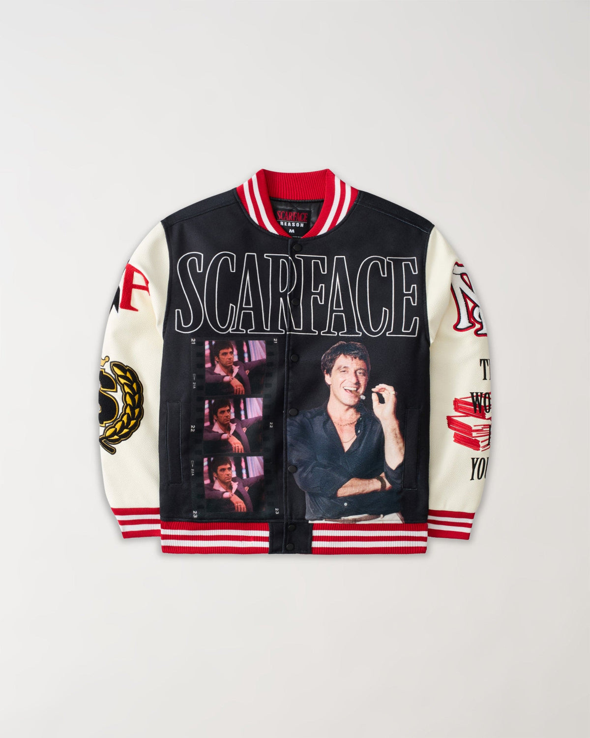 Reason Clothing Signature Scarface Power PU Sleeves Varsity Jacket - Black