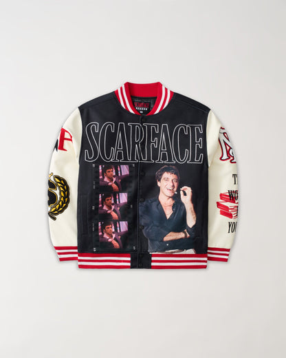 Reason Clothing Signature Scarface Power PU Sleeves Varsity Jacket - Black