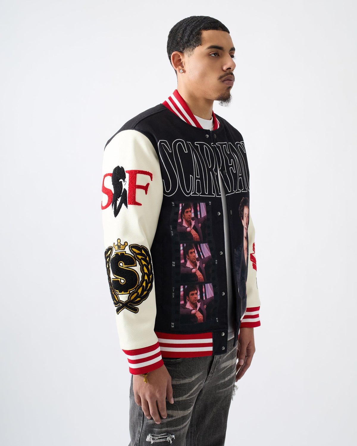 Reason Clothing Signature Scarface Power PU Sleeves Varsity Jacket - Black