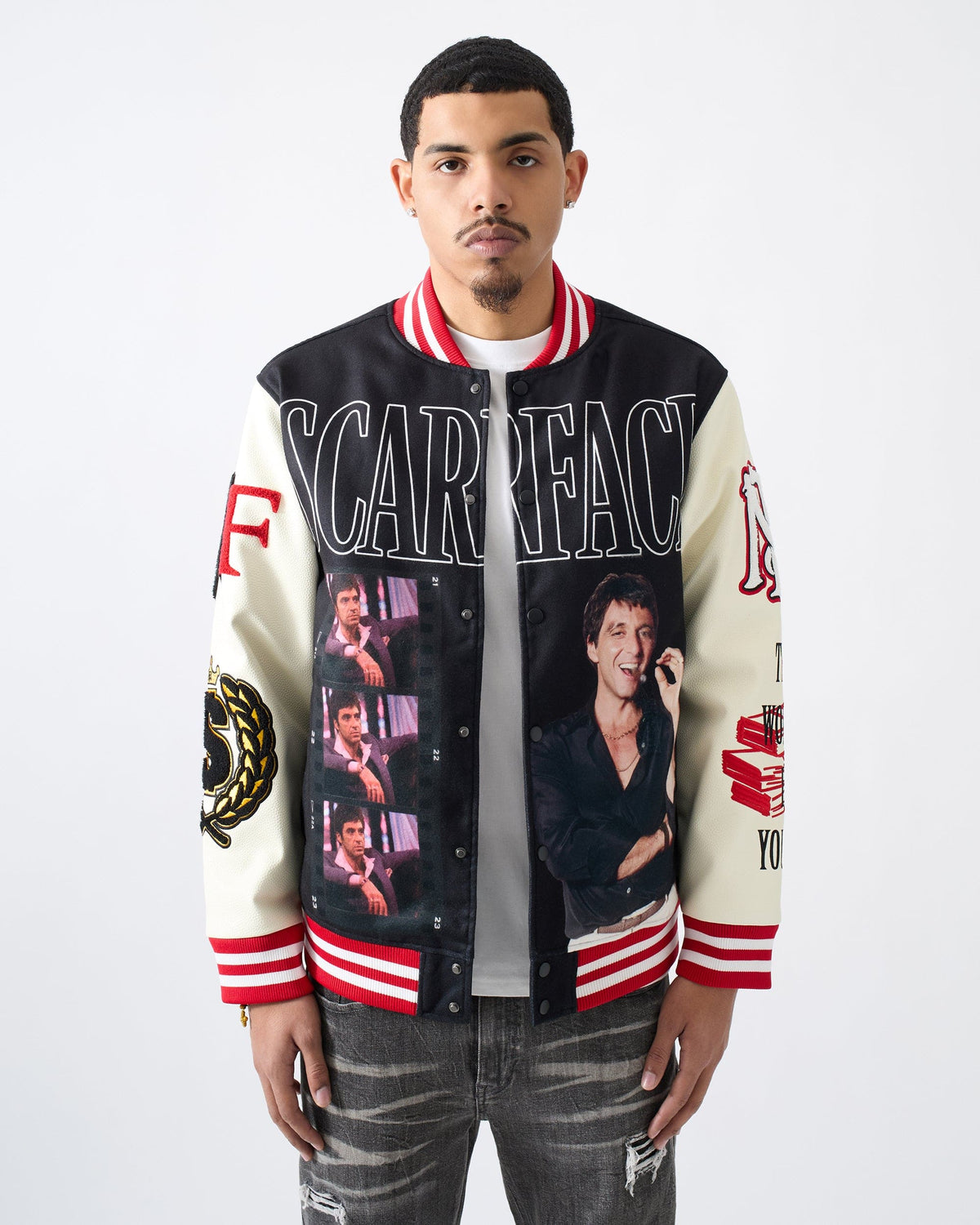 Reason Clothing Signature Scarface Power PU Sleeves Varsity Jacket - Black