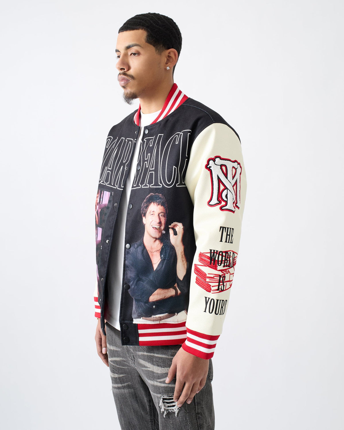 Reason Clothing Signature Scarface Power PU Sleeves Varsity Jacket - Black